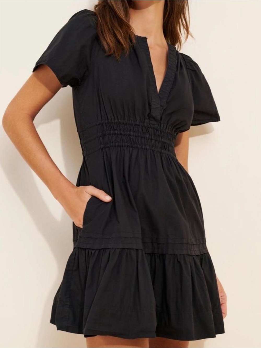 Anthropologie Black Short-Sleeve Smocked-Waist Tiered Mini Dress